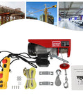 Heavy Duty 1200W Electric Hoist Winch 110V Pure Copper Motor parts, including remote and lifting cable, for garage use.