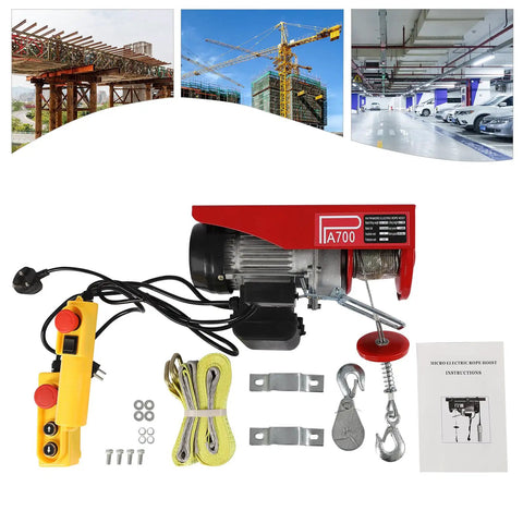 Heavy Duty 1200W Electric Hoist Winch 110V Pure Copper Motor parts, including remote and lifting cable, for garage use.
