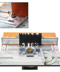 Heavy Duty Aluminum Router Table Insert Plate With Flip Top Frame And Miter Guide Track For Zero Hassle Table Saw Mods And Serious Woodworking Upgrades Built To Last, showing routing setup with gauge.