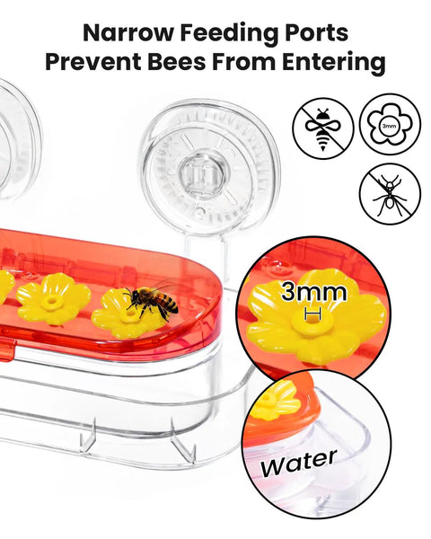 Window Hummingbird Feeder With Dual Suction Cups 4 Feeding Ports Easy To Clean And Refill Clear Plastic Hummingbird Feeder For Garden Ideal Gift 10Oz showing narrow feeding ports and suction cups.