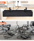 Before and after using Under Desk Cable Management Tray Clamp On Wire Organizer, showing tidy and untidy cord setups in a home office.