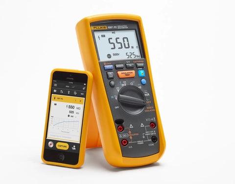 1587 FC 2 In 1 Insulation Multimeter With Fluke Connect Measurements App shown with smartphone display