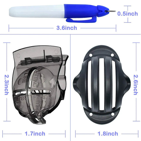 8 Pack Golf Ball Marker Set With Multicolor Line Markers And Alignment Stencils, marker pen and stencils dimensions shown