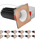 Top Shelf 2 Inch Led Recessed Lights 12 Pack, Deep Regressed Canless Downlights with copper trim and black housing, angled view.