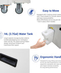 Heavy Duty Portable Air Conditioner With 18,700 Btu Output And Smart Dual Hose Rig, showing 14L water tank and easy mobility features.