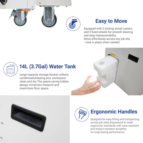 Heavy Duty Portable Air Conditioner With 18,700 Btu Output And Smart Dual Hose Rig, showing 14L water tank and easy mobility features.