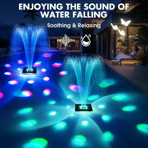 Upgraded 2026 Solar Pool Fountain With Light Show, large floating water fountain in a pool, dark blue design with night illumination.