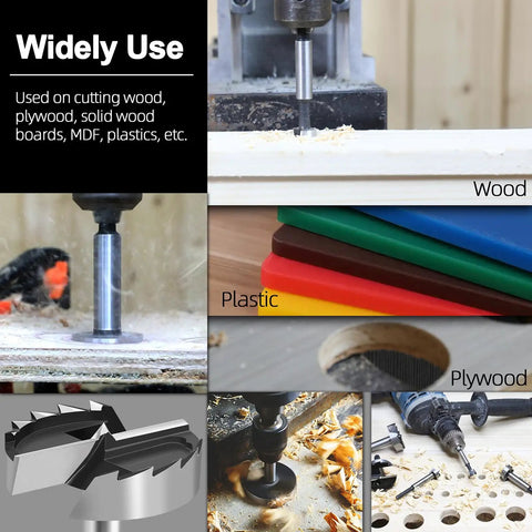 Heavy Duty 1 And 3/4 Inch Forstner Drill Bit Crafted From Tough As Nails 5140 Steel Featuring Dead Solid Hex Shank in use on wood and plastic.
