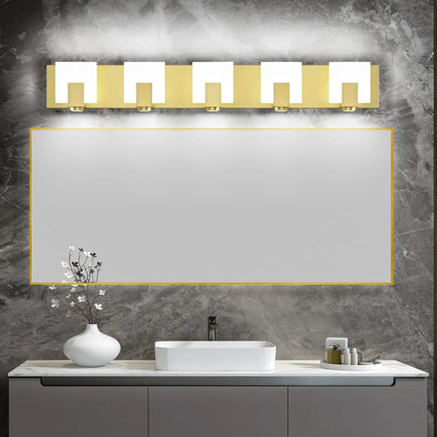 Dimmable Modern Bathroom Vanity Light Over Mirror In Golden Finish LED 5 Light Bar Fixture Slim Angled Design Mounted Above Sink