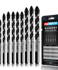 Front view of 10pc masonry drill bit set; black bits with tungsten steel alloy tips, sizes 1/8–1/2 in, storage tin.