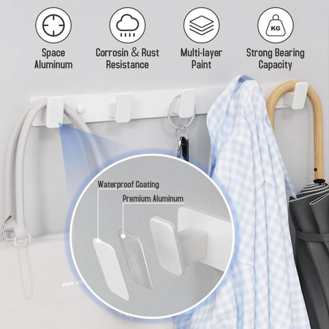 Heavy Duty Wall Mount Coat Rack Featuring Five Lock Down Hooks For All Your Everyday Essentials Like Hats Keys Wallets And Bath Towels Crafted From Corrosion Proof Aluminum In Crisp White Two Pack Bundle with details on waterproof coating.