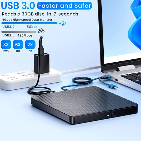 External Blu Ray Drive Reader And Burner With USB 3.0 And Type C Fast 6X BD DVD CD Read Write Supports Blu Ray BD R BD RE And DVDs Plug And Play For PC Windows Seven Through Eleven Black, flat black portable drive