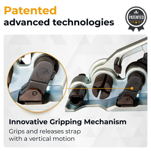 Heavy Duty Tensioner For Wide PET Strapping Featuring Patented Vertical Gripper Design Rock Solid Construction Top Shelf Warehouse Tool That Handles Full Width Strap Wrapping Without Any Sweat Or Hassle