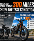 Heavy Duty Dual Motor Electric Bike For Adults, 6000W 52Mph showing 300-mile range claim and specifications on a road.