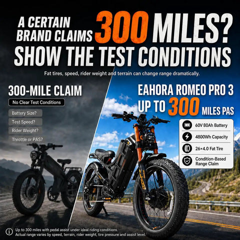 Heavy Duty Dual Motor Electric Bike For Adults, 6000W 52Mph showing 300-mile range claim and specifications on a road.
