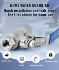 Close-up of Two Pack 3/8 Inch Stainless Steel Ball Valves NPT Female Full Port With Locking Handle, displayed in home setting.