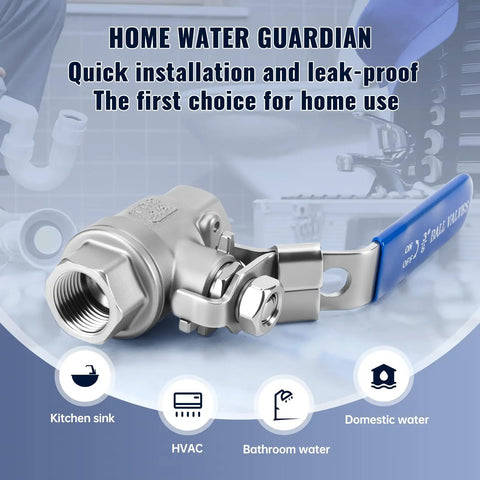 Close-up of Two Pack 3/8 Inch Stainless Steel Ball Valves NPT Female Full Port With Locking Handle, displayed in home setting.