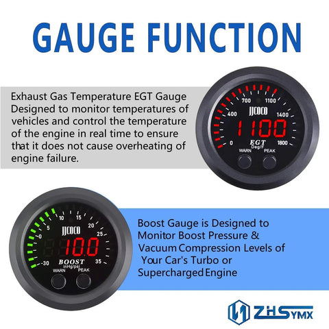 Exhaust Gas Temperature EGT Gauge And Turbo Boost Vacuum Gauge Kit For Real Time Engine Monitoring, Keeps Your Turbo Under Control, Prevents Overheating, Boost Leak, And Performance Optimization For Cars, Trucks, And SUVs. Black 2-gauge kit
