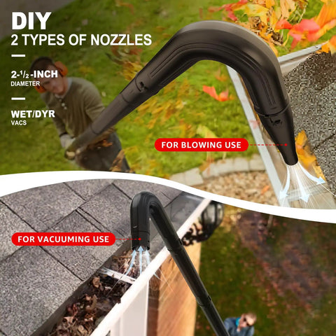 Ground Level Gutter Cleaning Tool Attachments For 2.5 Inch Shop Vac No Ladder Needed Clean Leaves And Debris From Gutters Up To 5.6 Feet Easy Lockout Design Wet Dry Vacuum Accessories showing two nozzles for blowing and vacuuming use.