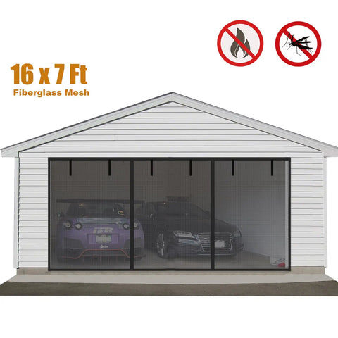 Garage Door Screen For 2 Car Garage 16x7Ft Fiberglass Mesh With Closure Weighted Bottom Magnetic Heavy Duty Screen Door