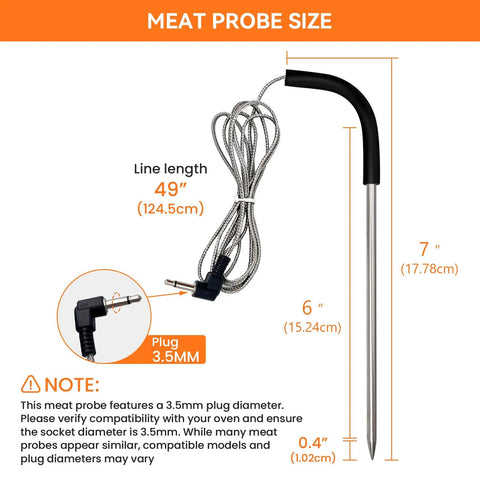 Diagram showing the size and dimensions of 2 Pack Meat Thermometer Probes For Pit Boss Pellet Grills And Smokers, Waterproof 3.5 mm Plug Probes With Grommets, Replacement Set For Accurate Temperature Readings During Grilling And Smoking.