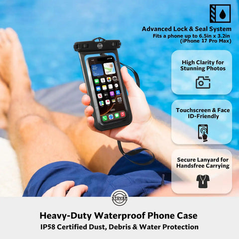 Person holding phone in heavy-duty waterproof case with features labeled, resting on a lounge by water.