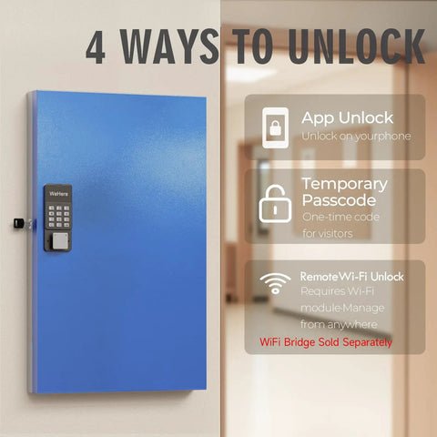 96 Key Smart Lock Box Wall Mount Key Cabinet For Office And Rental Use with keypad and app unlock options displayed
