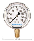 MeasureMan 2-1/2 in glycerin-filled pressure gauge, 0-160 psi, stainless steel case, 1/4 in NPT lower mount