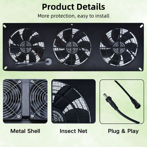 No Fuss Solar Powered Exhaust Fan Kit With 25W Panel And 12000mAh Battery, 2600RPM, IP67 Waterproof, 10ft Cord, Built For Chicken Coops Greenhouses Attics And Sheds, Keeps Air Fresh All Day And Night Even On Cloudy Days