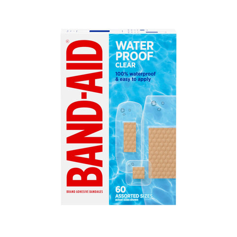 BAND-AID Brand Clear Waterproof Adhesive Bandages box, 60 count, assorted sizes (front view).