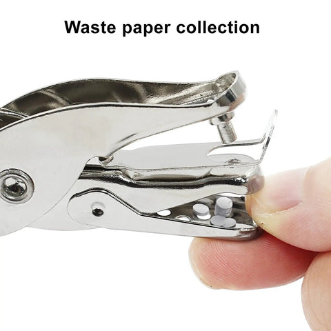 Small Circle Hole Punch 1/8 Inch 3mm Handheld Metal Puncher showing waste paper collection feature.