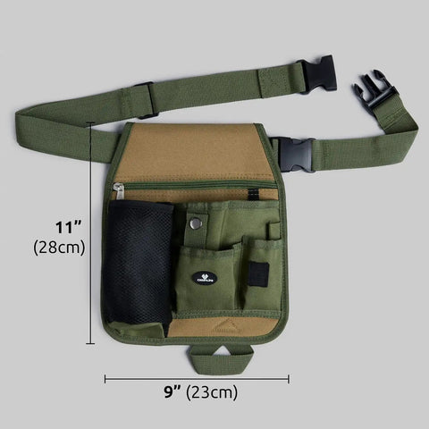 All In One Garden Tool Pouch Belt With Grab And Go Multi Pocket Utility Apron for various projects, green canvas, adjustable.
