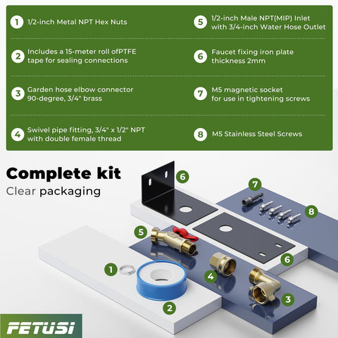 DIY Water Spigot Kit And Hose Bib Extender With Brass Connector, includes pre-drilled hole adapter and complete hardware set