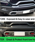 RAM 1500 Tow Hook Covers Red Silicone Rubber Upgrade Front Tow Hook Protector For 2019 To 2025 Models Not For 1500 Classic Warlock 2500 Or 3500 Durable Weatherproof Shield Sleek Finish Exterior Upgrade Protects Tow Hook Area shown in before and after application.