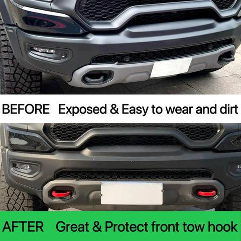 RAM 1500 Tow Hook Covers Red Silicone Rubber Upgrade Front Tow Hook Protector For 2019 To 2025 Models Not For 1500 Classic Warlock 2500 Or 3500 Durable Weatherproof Shield Sleek Finish Exterior Upgrade Protects Tow Hook Area shown in before and after application.