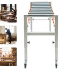 Heavy Duty Adjustable Conveyor Roller Table With 110 Lbs Capacity And 17 Inch Wide Belt For Woodworking Planer Moves Smoothly On Wheels.
