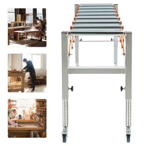 Heavy Duty Adjustable Conveyor Roller Table With 110 Lbs Capacity And 17 Inch Wide Belt For Woodworking Planer Moves Smoothly On Wheels.