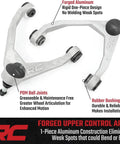 Forged Upper Control Arms For 2009 2020 Ford F150 4WD With Beefed Up POM Ball Joints And Fully Greasable Bushings, Heavy Duty Aluminum Construction, No Welding Weak Spots, Corrects Ball Joint Angle For Lifted Applications, Model 51036 shown from an angled view.