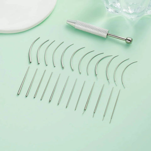Piercing Taper Ball Grabber Tool Kit For Quick Jewelry Swaps 14G 16G 18G 20G showing straight and curved pins with grabber tool