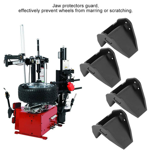 Tire Machine Rim Protector Set, 4 Piece Jaw Guards For Tire Changers, shown on a tire machine to prevent scratches and dents.