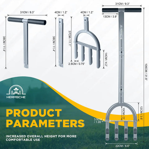 Diagram showing dimensions of Manual Lawn Aerator Core Plug Tool With Slope Top Four Tine Slots, 31.8 inch handle, heavy duty build.