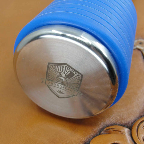Professional Leather Tooling Maul With Tough Nylon Head And Real Veg Tan Leather Handle Stainless Steel Hardware For Stamping And Embossing showing blue nylon head and stainless steel base.