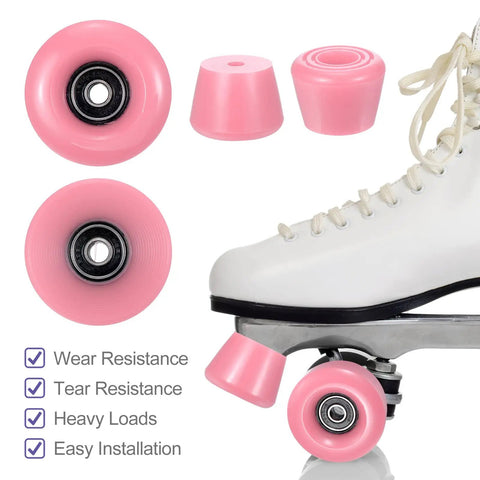 8 Pack Roller Skate Wheels Set For Quad Skates And Skateboards 58mm By 32mm ABEC 9 Bearings 82A PU Hardness Includes 2 Toe Stoppers And All Hardware Ideal For Double Row Skates Indoor Or Outdoor Pink, showing wheels and toe stoppers with a skate
