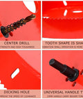 Center drill for bi-metal hole saw set; bronze bit with spiral flute on red surface
Bi-metal hole saw teeth close-up; sharp cutting edge on red metal
Slotted clearance hole in red metal; elongated oval opening
Universal handle attached to hole saw mount on red surface