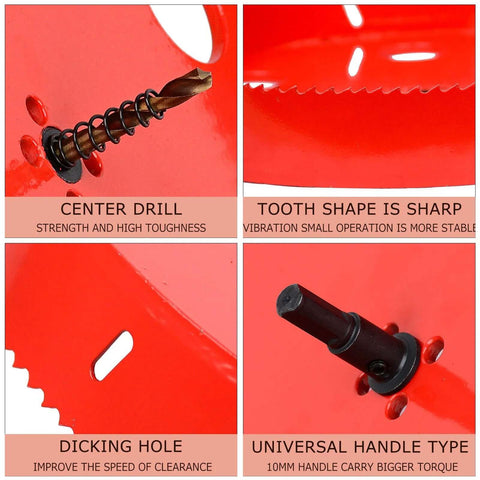Center drill for bi-metal hole saw set; bronze bit with spiral flute on red surface
Bi-metal hole saw teeth close-up; sharp cutting edge on red metal
Slotted clearance hole in red metal; elongated oval opening
Universal handle attached to hole saw mount on red surface