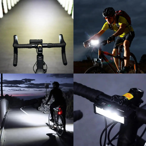 Cyclist using Ultra Hella Bright USB Rechargeable Bike Light With LCD Battery Display, 1800 Lumens, on night ride.