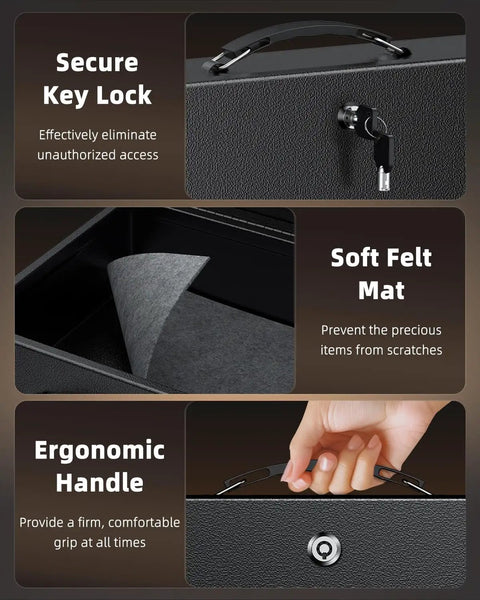 Close-up of heavy duty fireproof document box with lock and handle, showcasing secure key lock and ergonomic grip, soft felt mat inside.