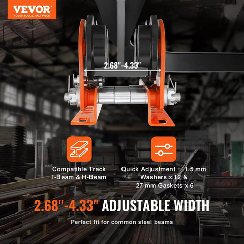 1 Ton Push Beam Trolley for Electric Hoist Dual Wheels Adjustable Beam Width 2.68 to 4.33 in for I and H Beams