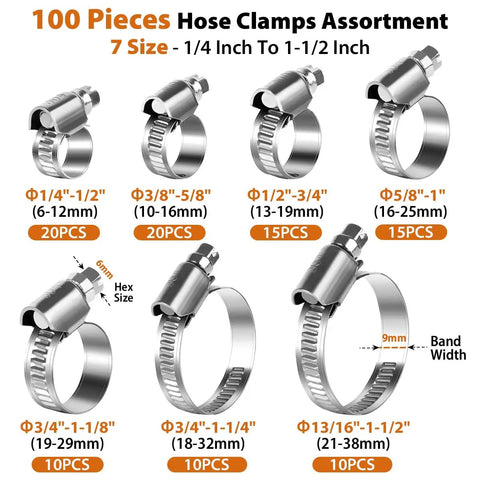 Heavy Duty Stainless Steel Hose Clamp Kit 1/4 In To 1-1/2 In, 100 Pack Worm Gear Clamps Assorted Sizes Display