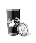Gyrocopter Gyroplane Pilot Stainless Steel Insulated Tumbler Dual Wall Coffee Cup with text, black color, lid off